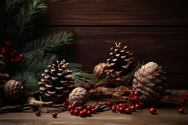 Winter's Embrace: A Rustic Still Life with Pine Cones and Holly Berries