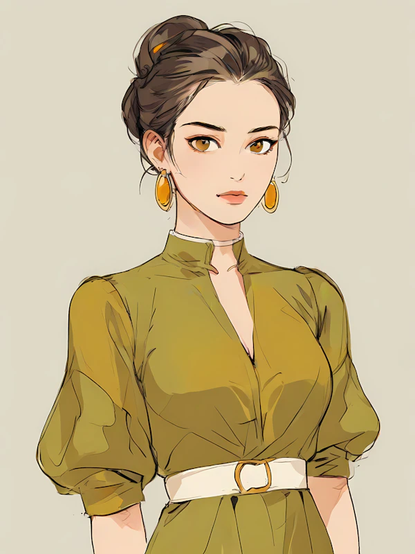 Elegant Woman in Olive-Green Dress