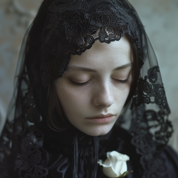 Mourning Woman with Lace Veil and White Rose