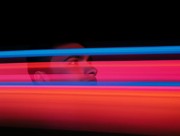 Contemplative Gaze with Futuristic Colors