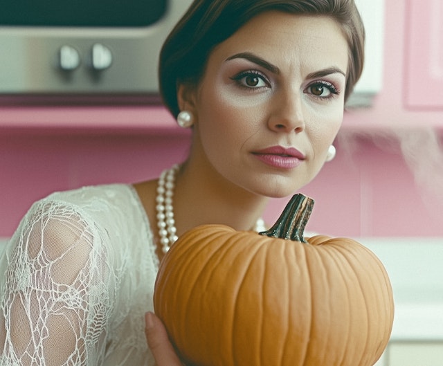 Woman Holding Pumpkin in Kitchen