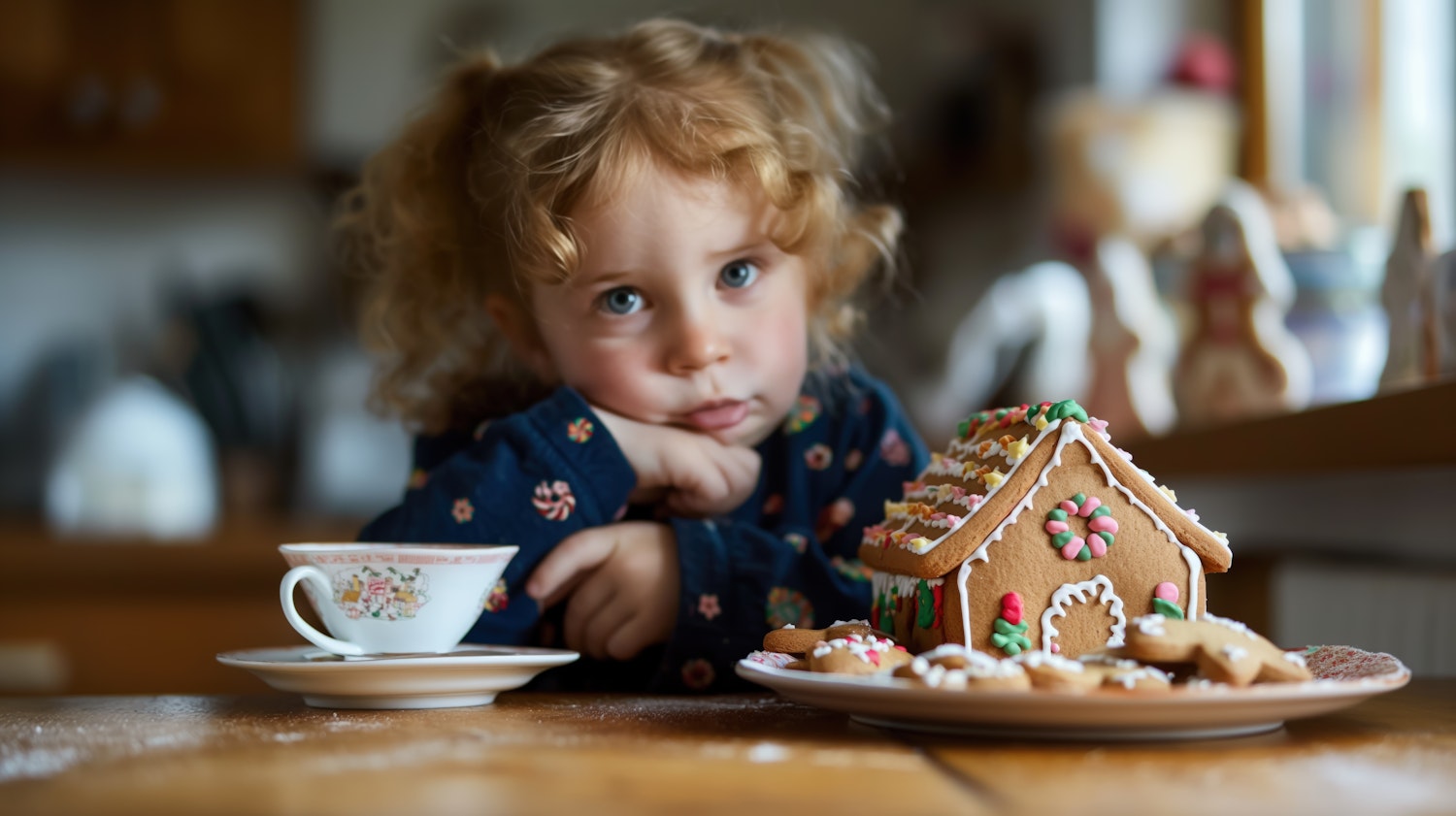 Child Admiring Gingerbread House