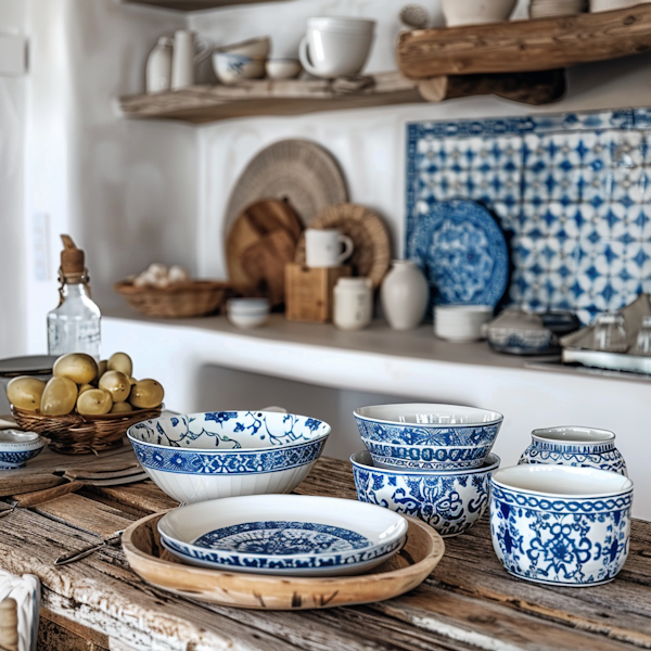 Rustic Kitchen with Blue and White Ceramics