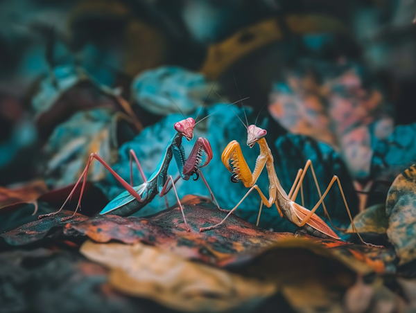 Surreal Mantis Dance in Autumn Leaves