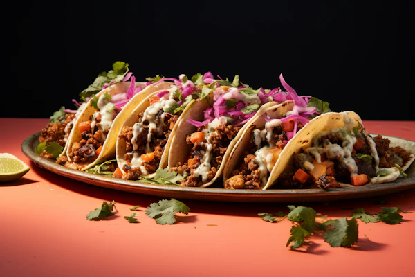 Colorful Ground Meat Tacos with Purple Pickled Onions and Fresh Cilantro