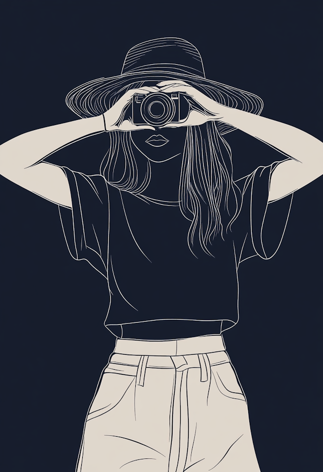 Monochrome Illustration of Woman with Camera