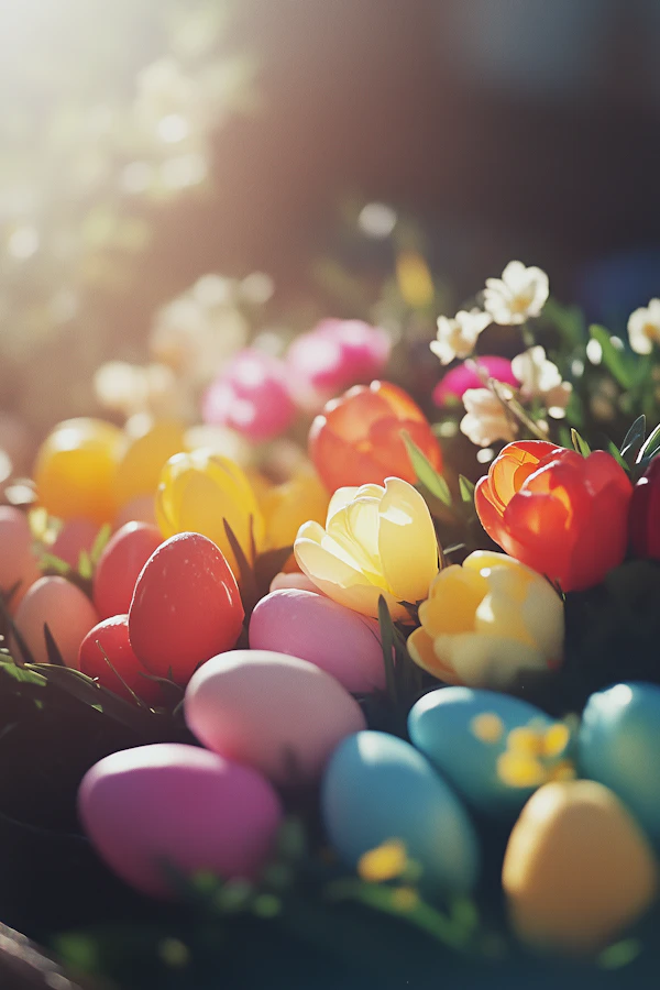 Colorful Easter Eggs and Flowers