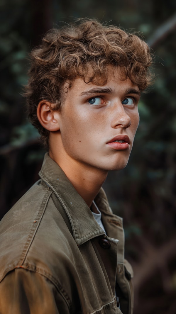 Thoughtful Young Man in Military-Style Jacket