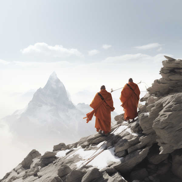 Monks on a Snowy Mountain Path