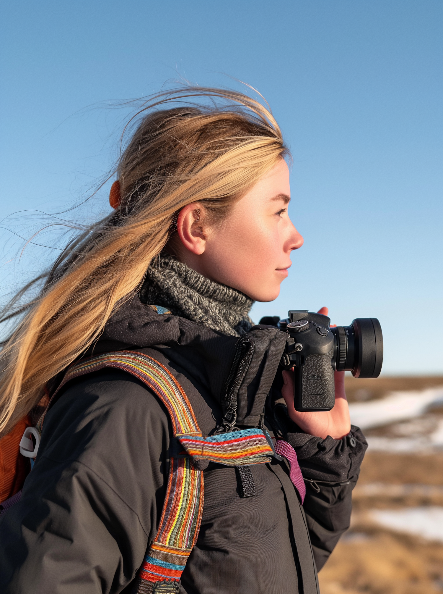 Photographer in Winter Attire Capturing a Moment