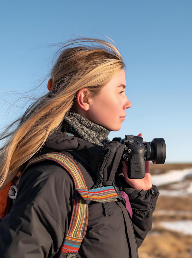 Photographer in Winter Attire Capturing a Moment