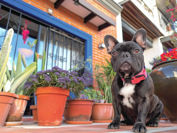 Black French Bulldog with Potted Plants