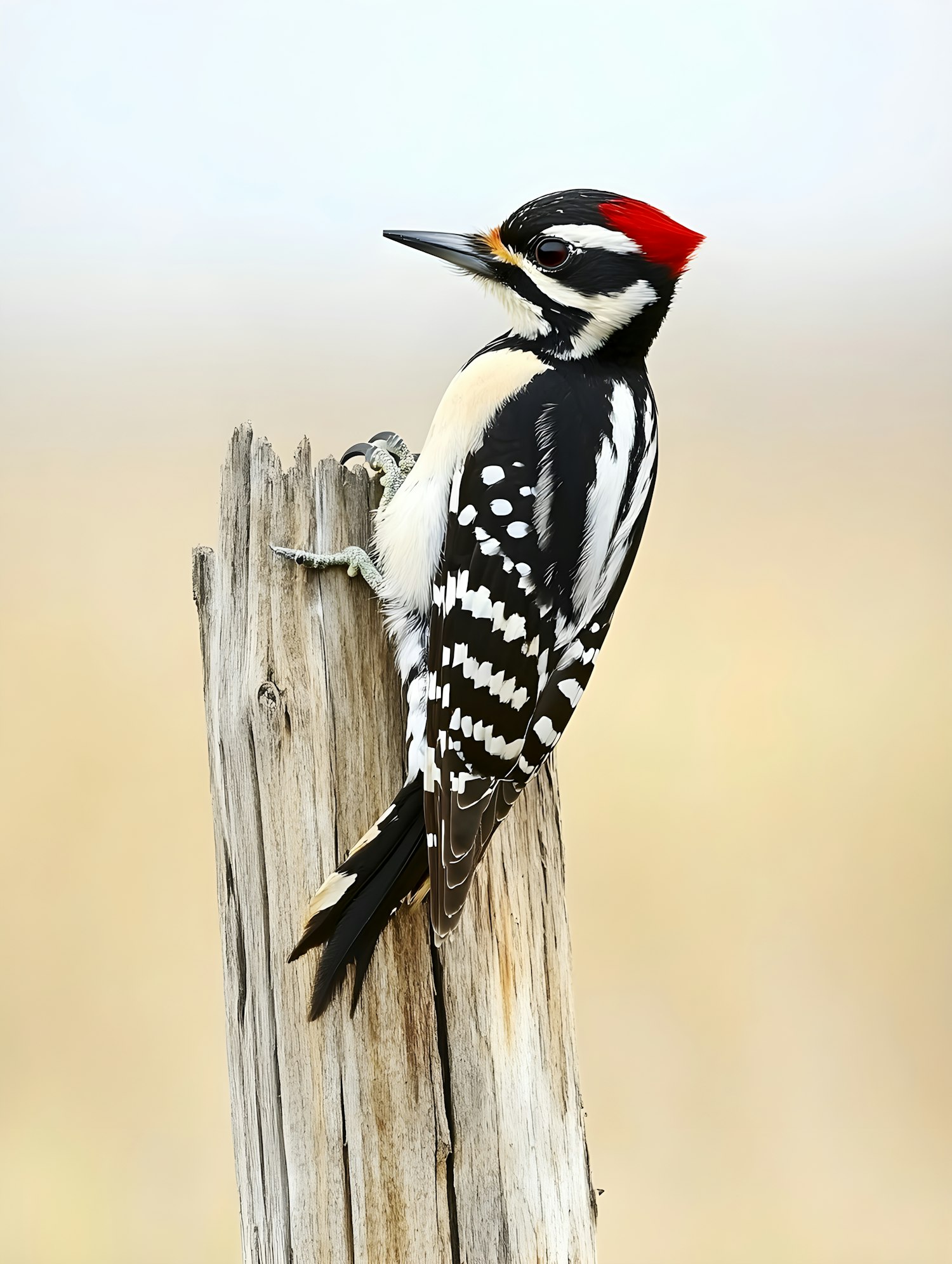 Alert Woodpecker on Wooden Post