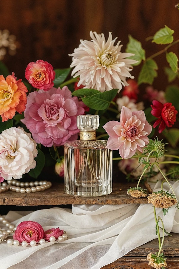 Elegant Perfume and Flowers Still Life