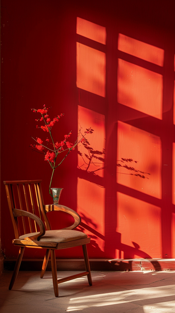 Serene Red Interior with Chair and Berries