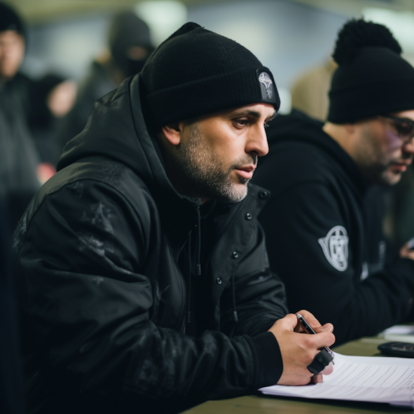 Focused Man Signing Documents at an Outdoor Event