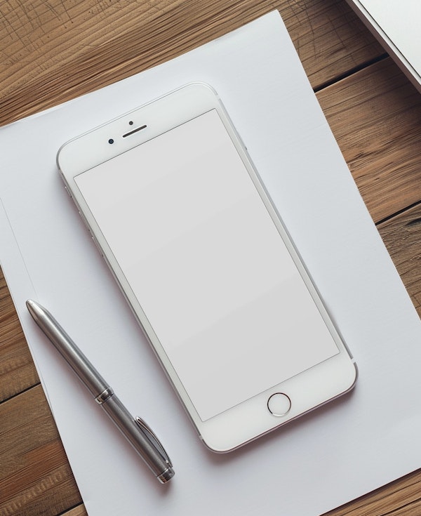 Modern Smartphone with Pen and Paper on Wooden Desk