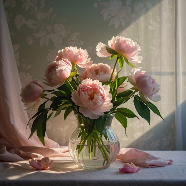 Pink Peonies in Glass Vase