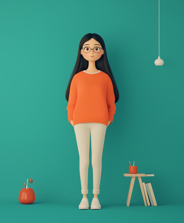 3D Illustration of a Woman with Stool and Apple