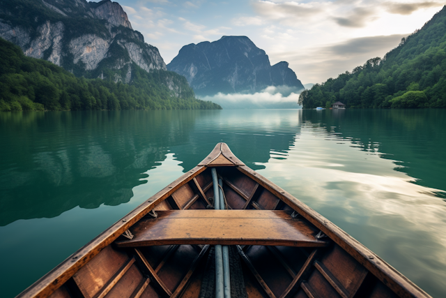 Tranquil Canoe Serenity on a Misty Mountain Lake