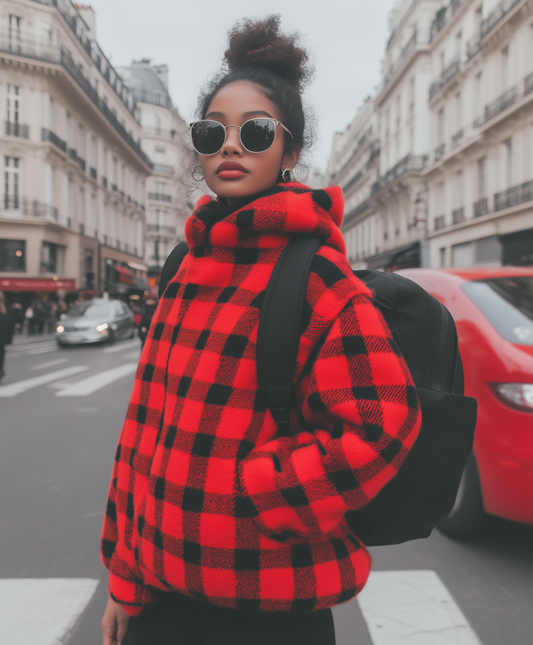 Young Woman in Vibrant Checkered Jacket on City Street