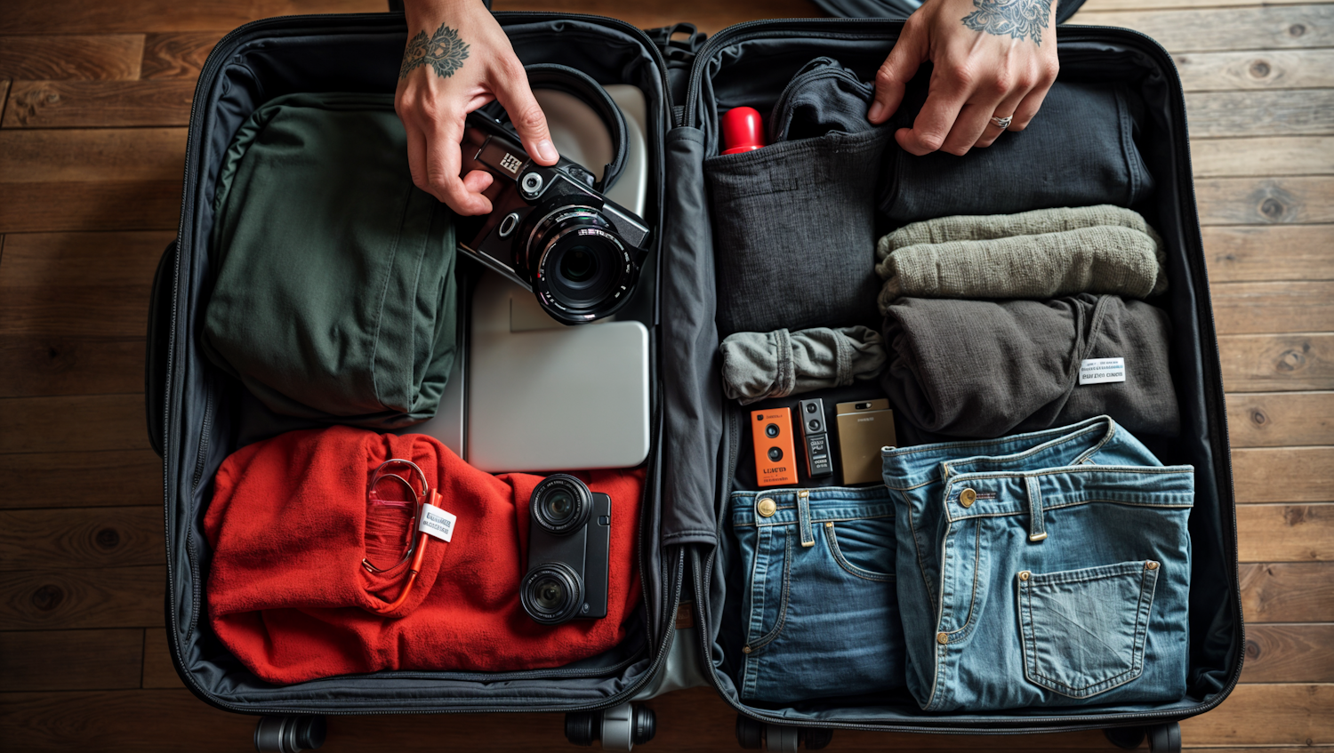 Tattooed Arms Packing a Suitcase