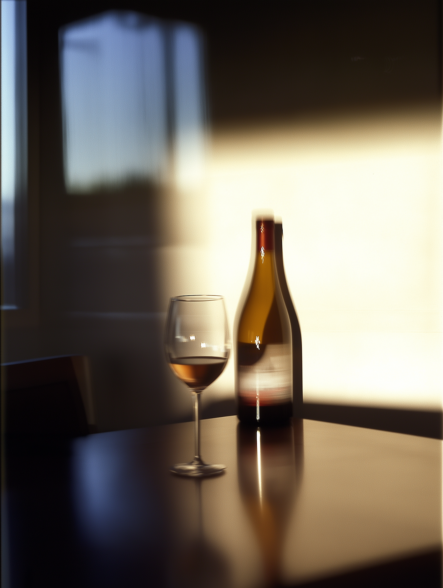 Wine Glass and Bottle on Wooden Table