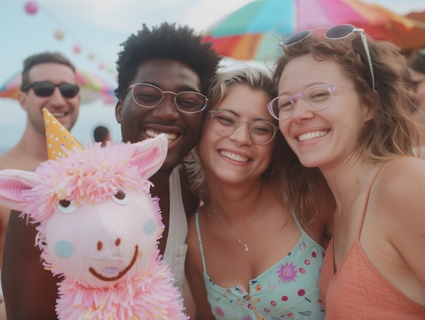 Joyful Friends with Plush Llama at Beach Party