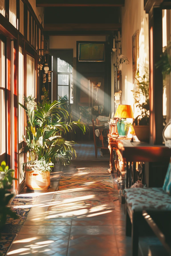 Sunlit Hallway with Plants