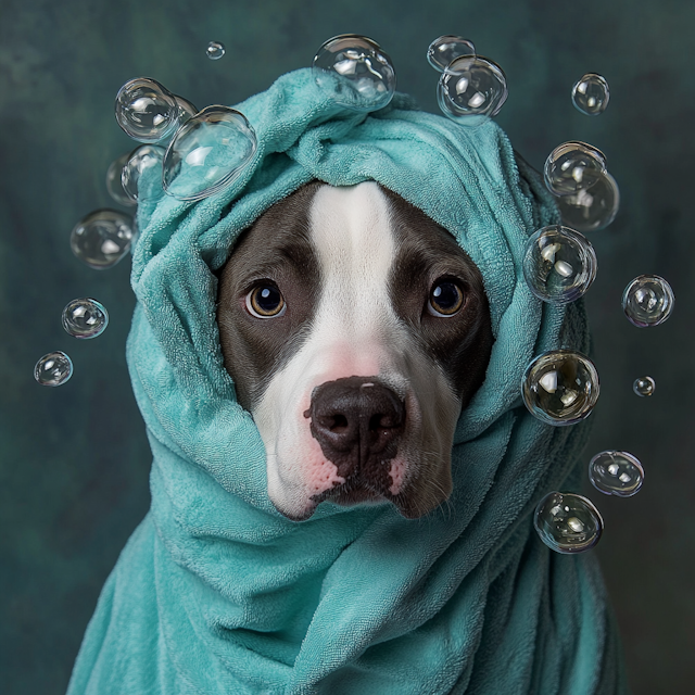 Dog Wrapped in Towel with Bubbles