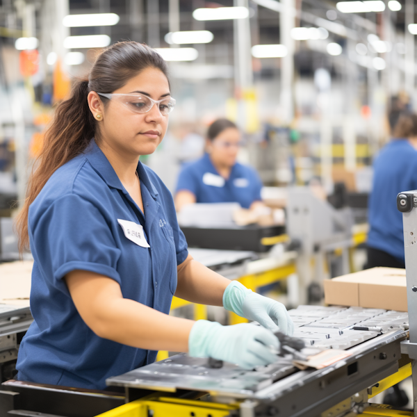 Industrial Safety and Precision: Female Worker at Assembly Line