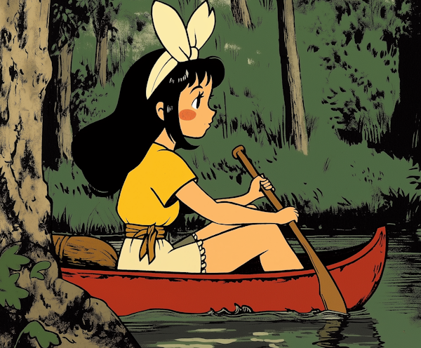 Girl Paddling Red Canoe