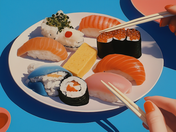 Assorted Sushi on Blue Background