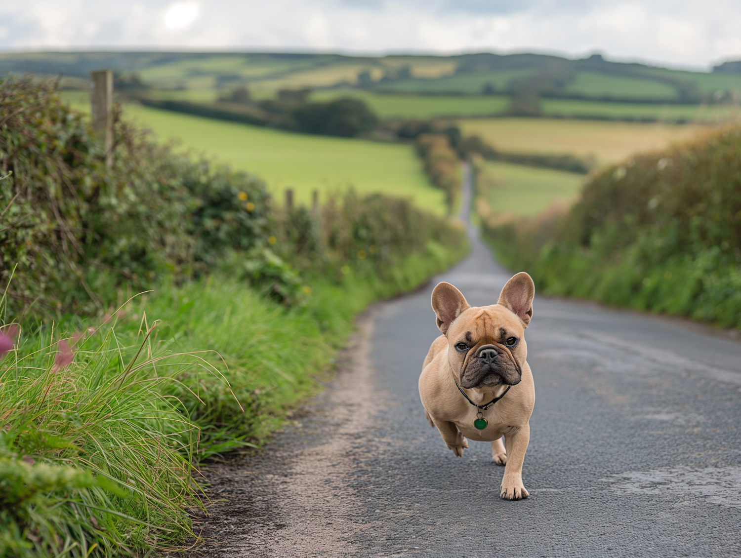 French Bulldog Running on Country Road