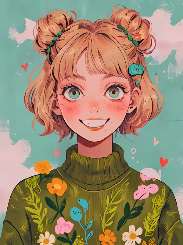 Cheerful Girl with Floral Sweater