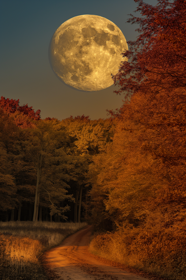 Oversized Moon Over Autumn Forest