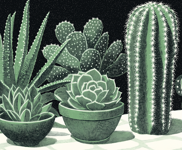 Monochrome Succulents and Cacti Illustration