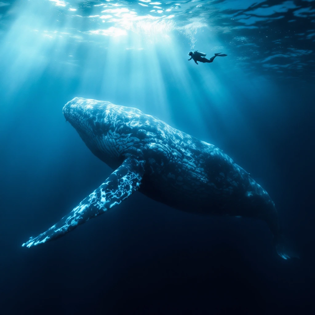 Majestic Underwater Scene with Whale and Diver