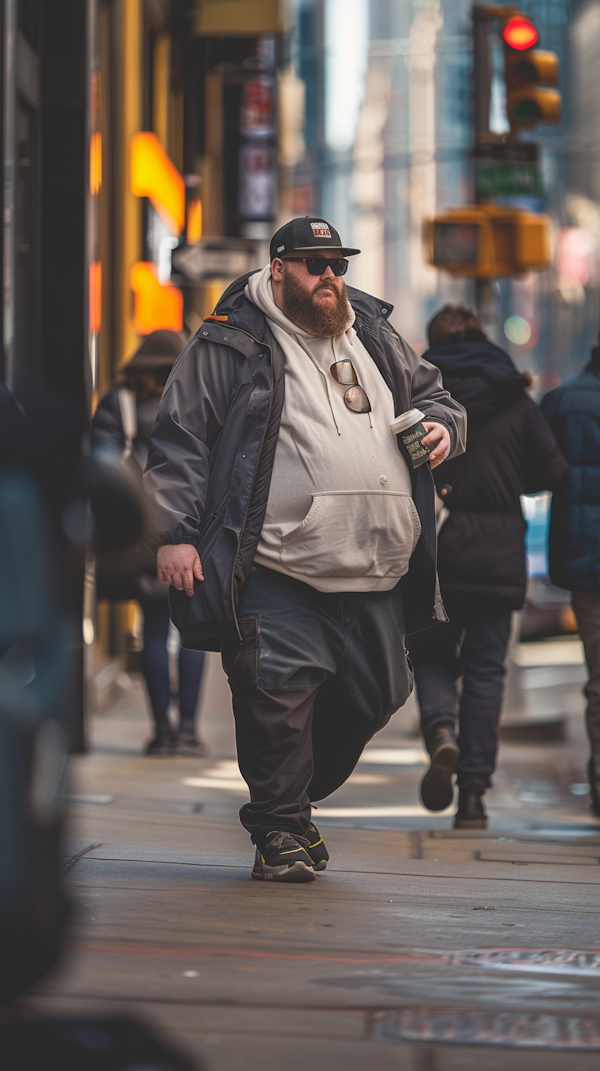 Man Walking in the City with Coffee