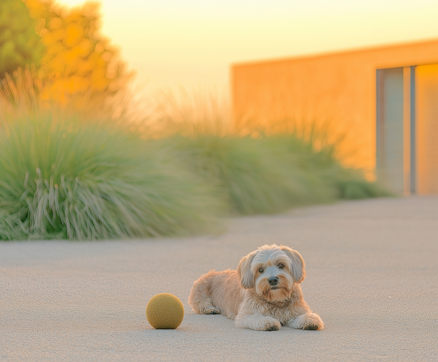 Dog with Yellow Ball at Sunset