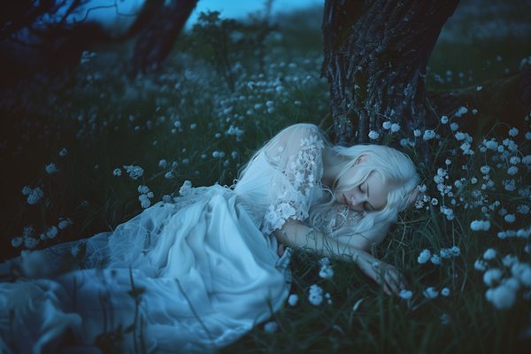 Tranquil Woman in White Flower Field
