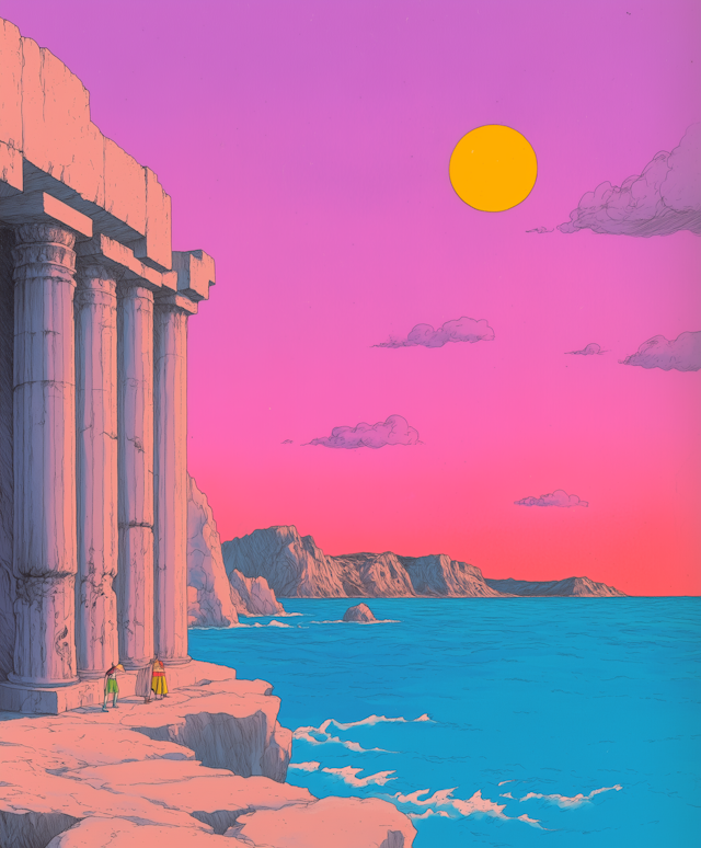 Surreal Coastal Scene with Ancient Structure