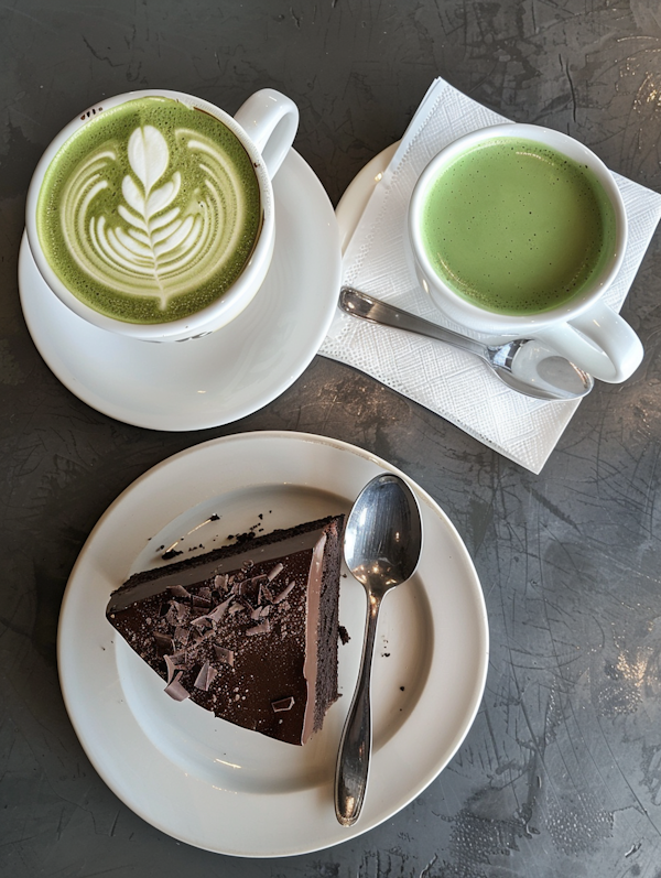 Cozy Cafe Display with Chocolate Cake and Matcha Beverages