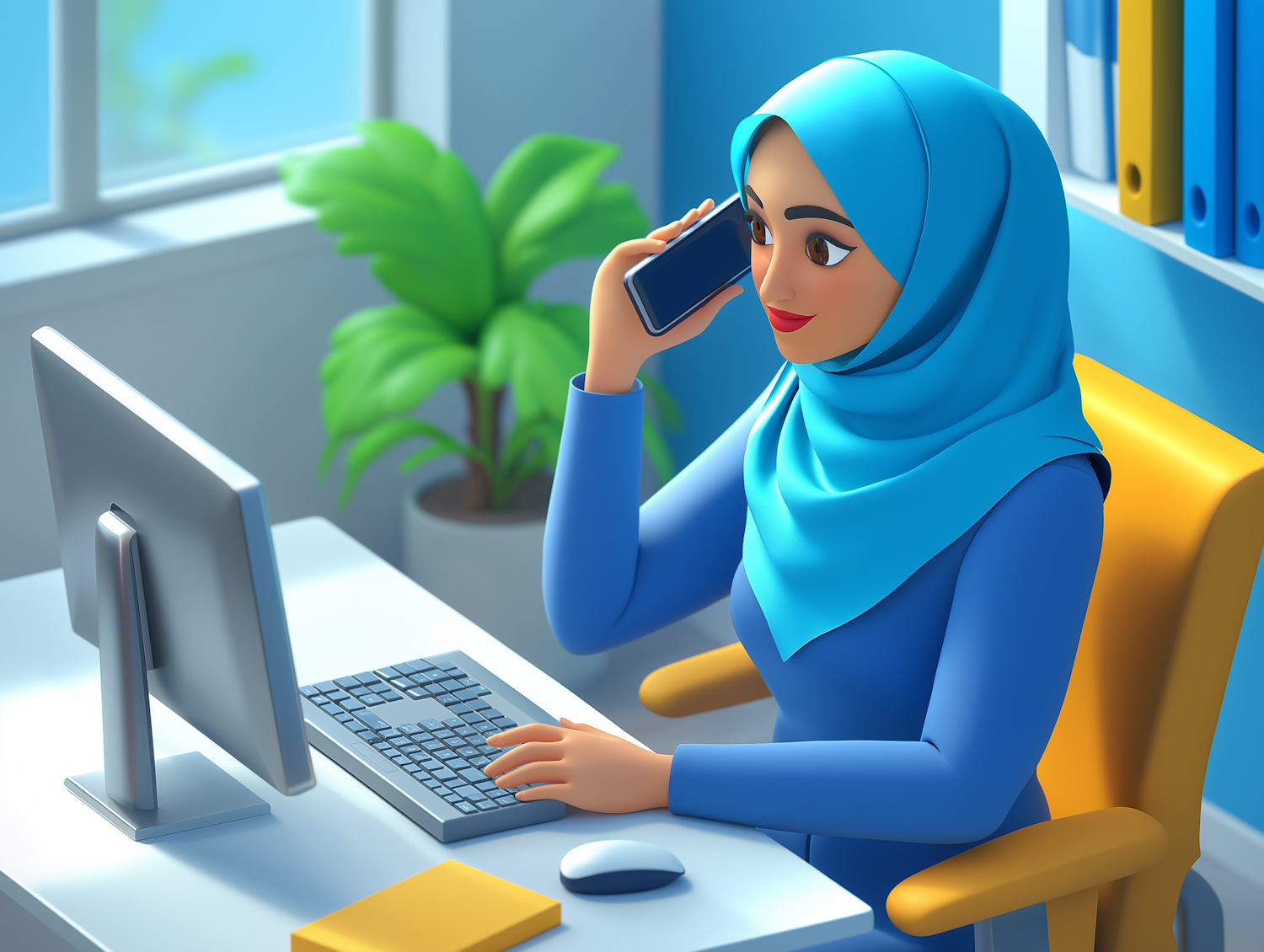 Woman in Blue Hijab on Phone at Desk