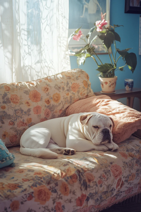 Bulldog on Floral Couch