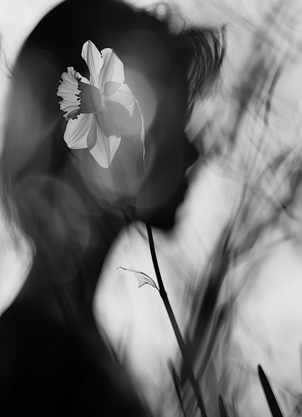 Monochrome Silhouette of Woman and Daffodil