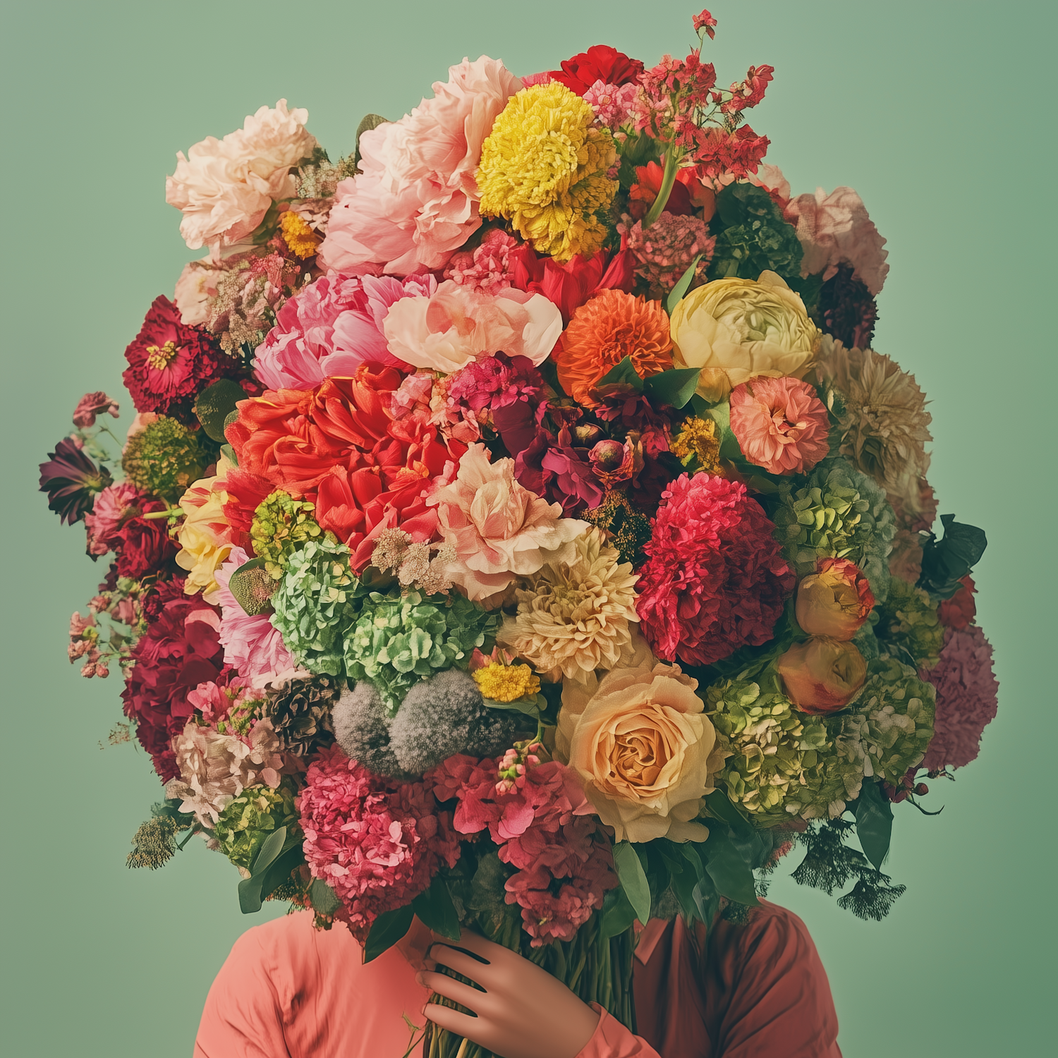 Person with Enormous Bouquet of Flowers