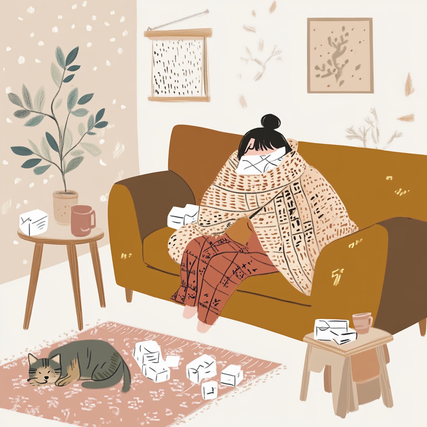 Cozy Indoor Scene with Blanket and Cat