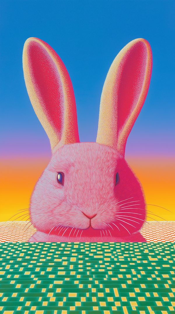 Oversized Pink Rabbit in Stylized Setting