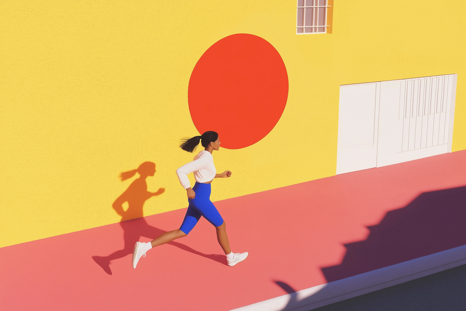 Woman Running Along Colorful Street